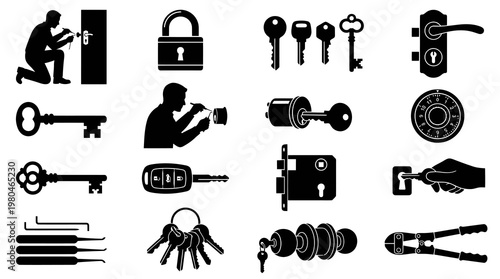 Locksmith Security Industry Black  White Glyph Icons Set - Keys, Locks  Picking Tools Vector