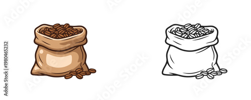 Burlap sack full of roasted coffee beans colored illustration and black line art objects represent aromatic harvest for cafe production on a white background without texture