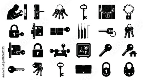 Security and Locksmith Industry Glyph Icons: Locks, Keys, Padlocks, Safe, and Tools