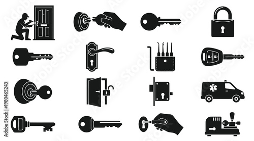 Locksmith Security Industry Keys Locks Door Hardware Black White Glyph Icons