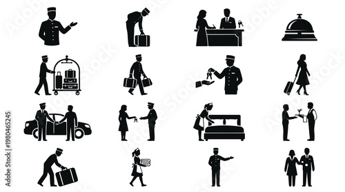 Hotel Hospitality Staff and Services Glyph Icons Collection. Black  White Silhouette Vector Set.