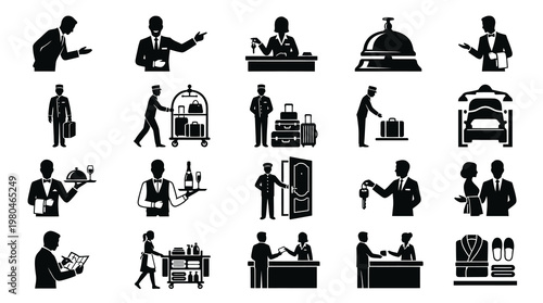 Black and White Glyph Hotel Hospitality Staff and Services Icon Set Vector