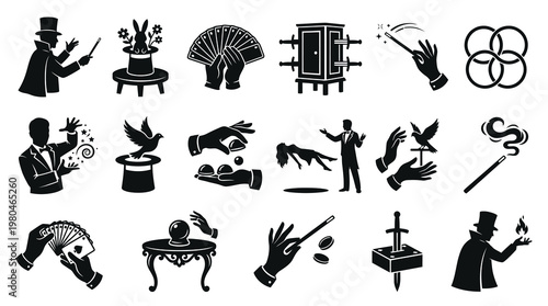 Magic Show Entertainment Glyph Icons Set. Magician Tricks and Illusion Silhouettes.