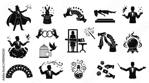 Magic Tricks and Illusionist Show Entertainment Black and White Glyph Icons Set