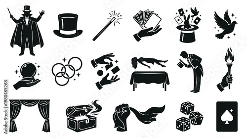 Magic Tricks  Illusions Glyph Icons Set - Entertainment Industry Symbols