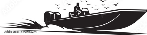 speedboat, motorboat, vector illustration, black, silhouette, watercraft, birds