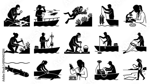 Marine Biology Oceanography Scientists Research Glyph Icons Set Black White Vector