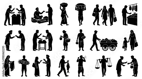 Traditional Market People Black  White Silhouette Glyphs - Daily Life  Street Trade Vector Set