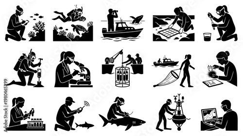 Marine Science Research Activities Glyph Vector Icons Set - Oceanography Scientists Pictograms