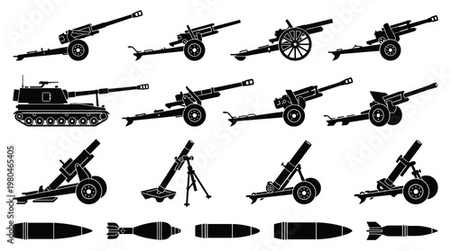 Black and White Silhouette Vector of Military Artillery and Ordnance