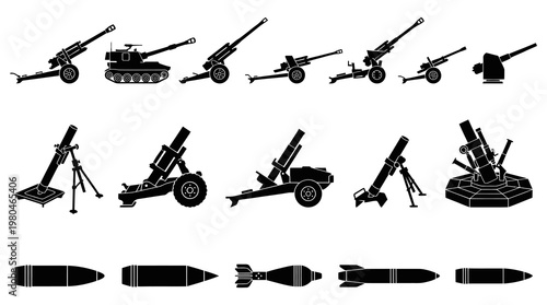 Military Artillery, Mortars, Ammunition and Tank Silhouette Vector Icons Set