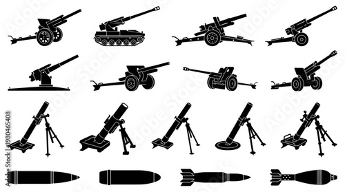 Military Weapons Icons Set - Artillery, Mortars, and Bombs in Black Silhouette Style
