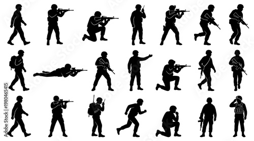 Black Silhouette Soldiers Military Combat Poses Set Vector Art