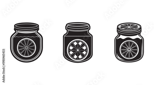 Black and white illustration of three jars with lids and slices of citrus fruits on the front isolated on white background