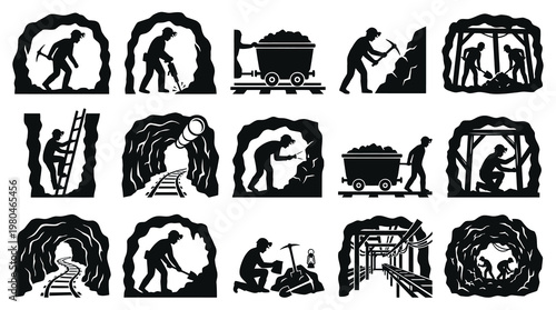 Black and White Mining Icons: Miners Working in Coal Mines, Vector Art