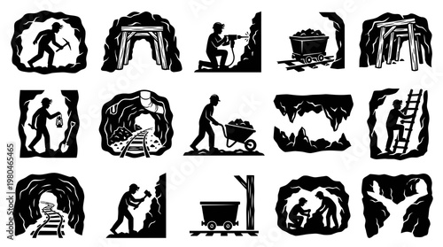 Mining Industry Black  White Silhouette Icons Set Vector