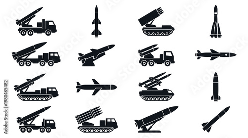 Military Missile Systems Icons, Black  White Vector Glyph Set