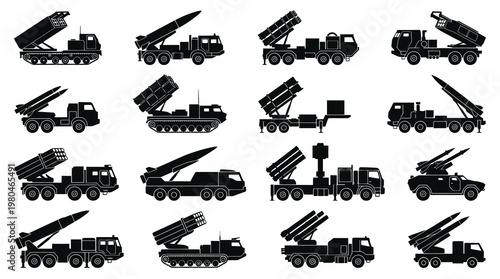 Black  White Silhouettes of Military Missile Launchers and Trucks