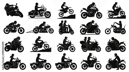 Black and White Silhouettes of Diverse Motorcycles and Riders, Automotive Art