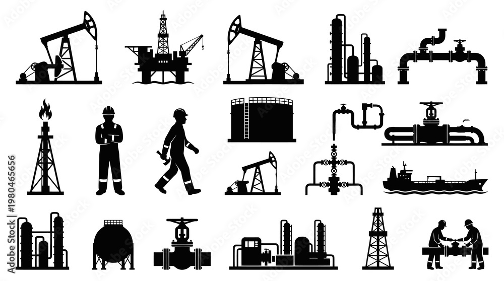 Fototapeta premium Oil and Gas Industry Icons: Black White Silhouettes of Equipment and Workers