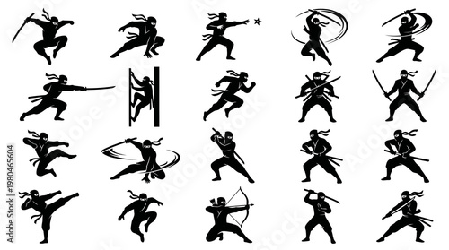 Ninja Silhouette Icons: Martial Arts, Action, Japanese Warrior Poses