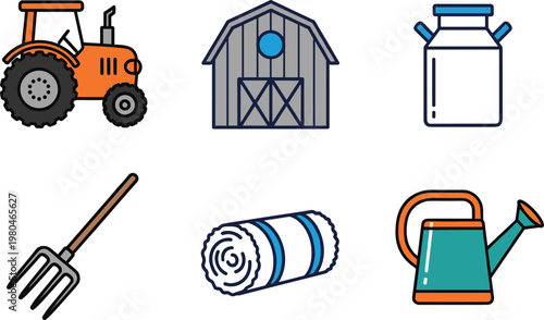 Farm Equipment Icon Set with Tractor Barn Milk Can Pitchfork Hay Bale and Watering Can for Agriculture Design, Rural Tools, and Farming Graphics