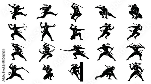 Silhouette Ninja Poses Vector Art - Martial Arts Action Icons