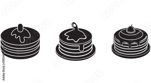 Black and white illustration of three stacks of pancakes with syrup pouring down isolated on white background