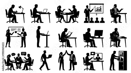 Business Meeting and Office Silhouettes: People Working Together