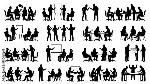 Business Meeting Silhouettes: People in Office, Presentation, Discussion