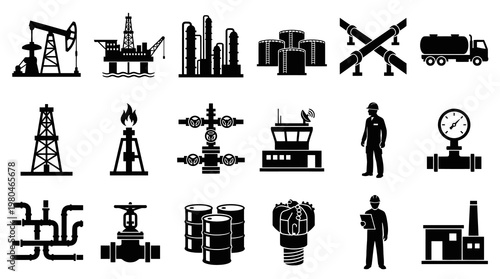 Oil and Gas Industry Icons: Petrochemical Production, Drilling, and Infrastructure
