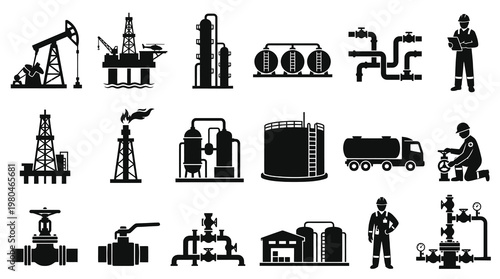Oil and Gas Industry Icons Set - Black and White Vector Glyphs