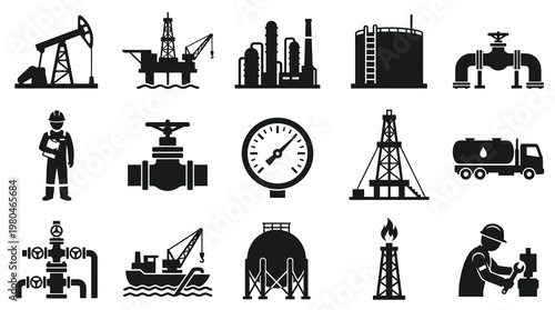 Black  White Oil and Gas Industry Icons Set: Worker, Rig, Tanker, Pumpjack