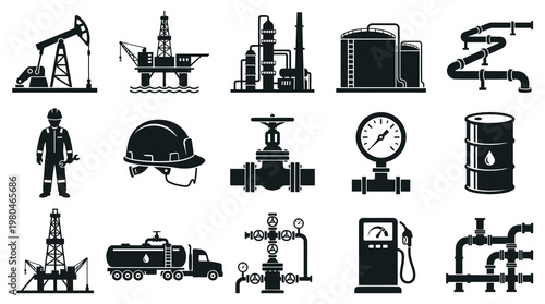 Oil and Gas Industry Icons: Black and White Glyphs of Equipment and Worker