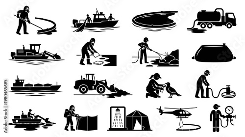 Environmental Oil Spill Cleanup Black and White Glyph Pictogram Icons Set