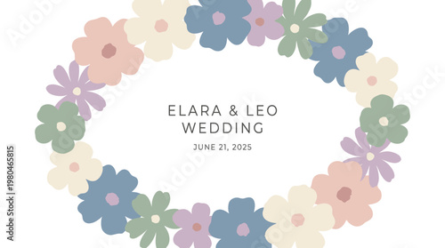 Elegant floral wreath with text announcing 'Elara & Leo Wedding' on June 21, 2025