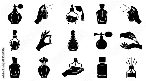 Beauty Cosmetics Perfume Fragrance Bottle Application Glyphs Silhouette Icons Set