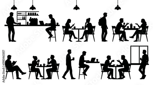 Cafe Scene Silhouettes: People Working, Socializing, Coffee Shop Interior Icons