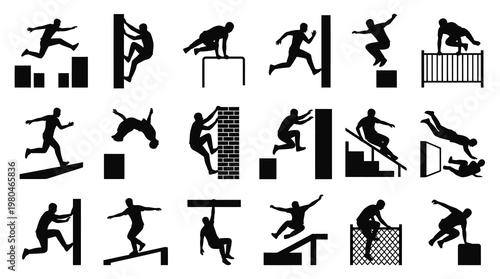 Parkour and Freerunning Extreme Sport Silhouette Vector Icons Set