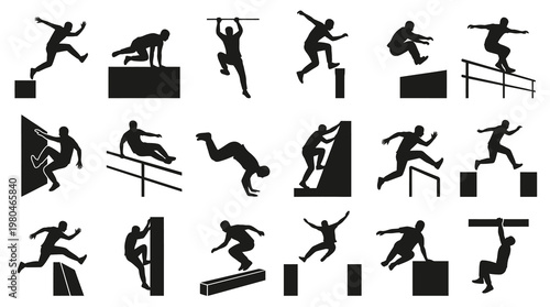 Parkour Freerunning Athletes Silhouette Glyphs - Urban Sports Movement Vector Set