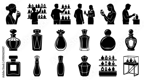 Perfume and Fragrance Industry Black and White Glyphs - Bottles and People Silhouettes Vector Set
