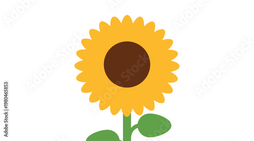 Vibrant yellow sunflower illustration with bold brown center and symmetrical petals. Emblem of summer, nature, and joy