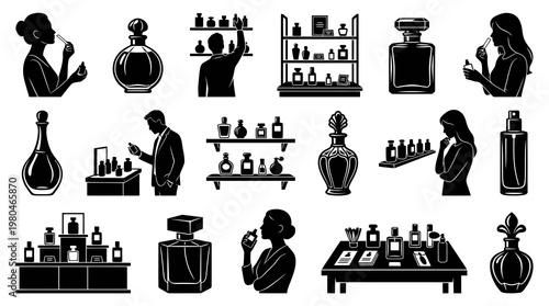 Perfumery Fragrance Silhouette Vector Icon Set - Beauty Industry and Perfume Bottles