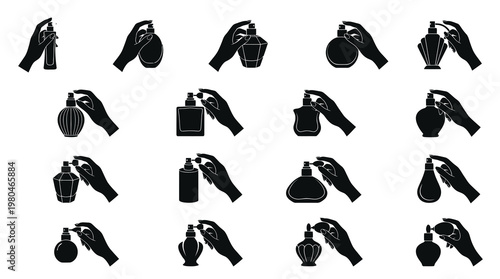 Silhouette Icons of Hands Spraying Perfume Bottles - Beauty Industry