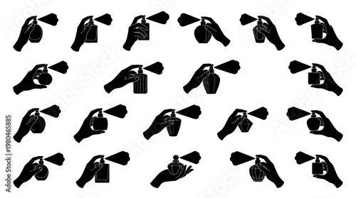 Black Silhouette Perfume Spray Icons Set. Hands Holding Fragrance Bottles Glyphs for Beauty Industry.