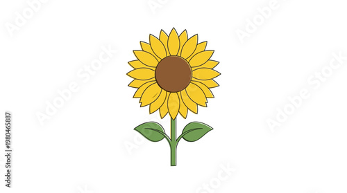 A vibrant minimalist sunflower graphic with simple yellow petals and a solid brown seed center, symbolizing warmth and nature's beauty as a clean icon