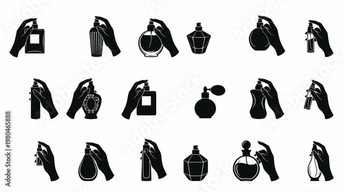 Black  White Silhouettes of Hands Spraying Various Perfume Bottles