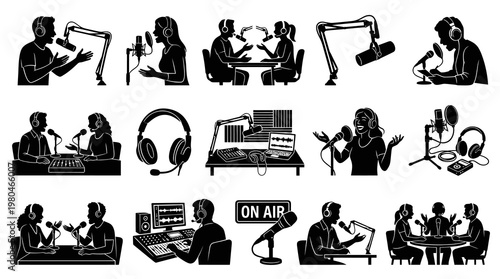 Podcasting and Radio Broadcasting Glyph Vector Icons Set. Studio Recording and Live On Air Silhouettes