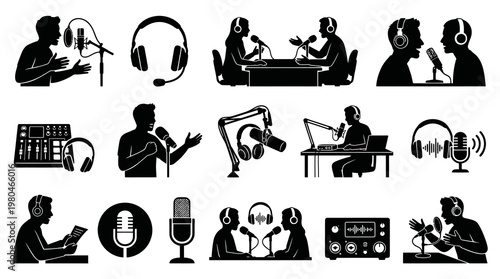 Podcasting, Broadcasting  Radio People and Equipment Glyph Silhouette Icons Set