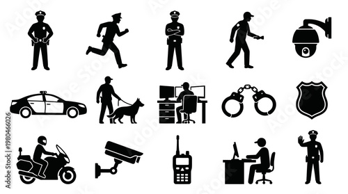 Police and Security Icons - Glyph Style, Law Enforcement, Surveillance, Justice